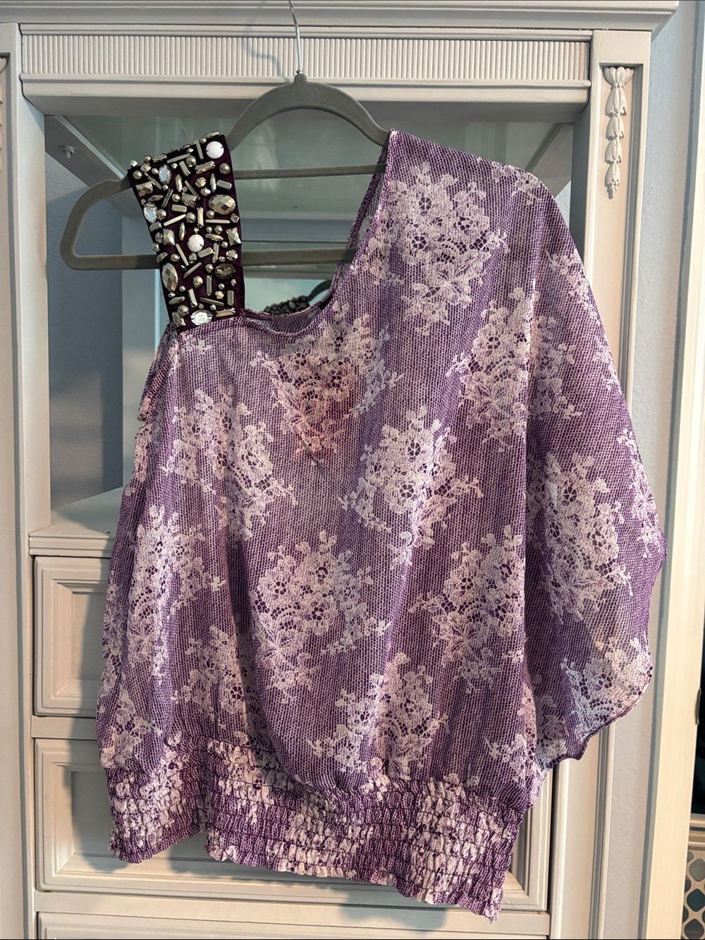 Purple Floral One-Shoulder Tunic with Jeweled Strap